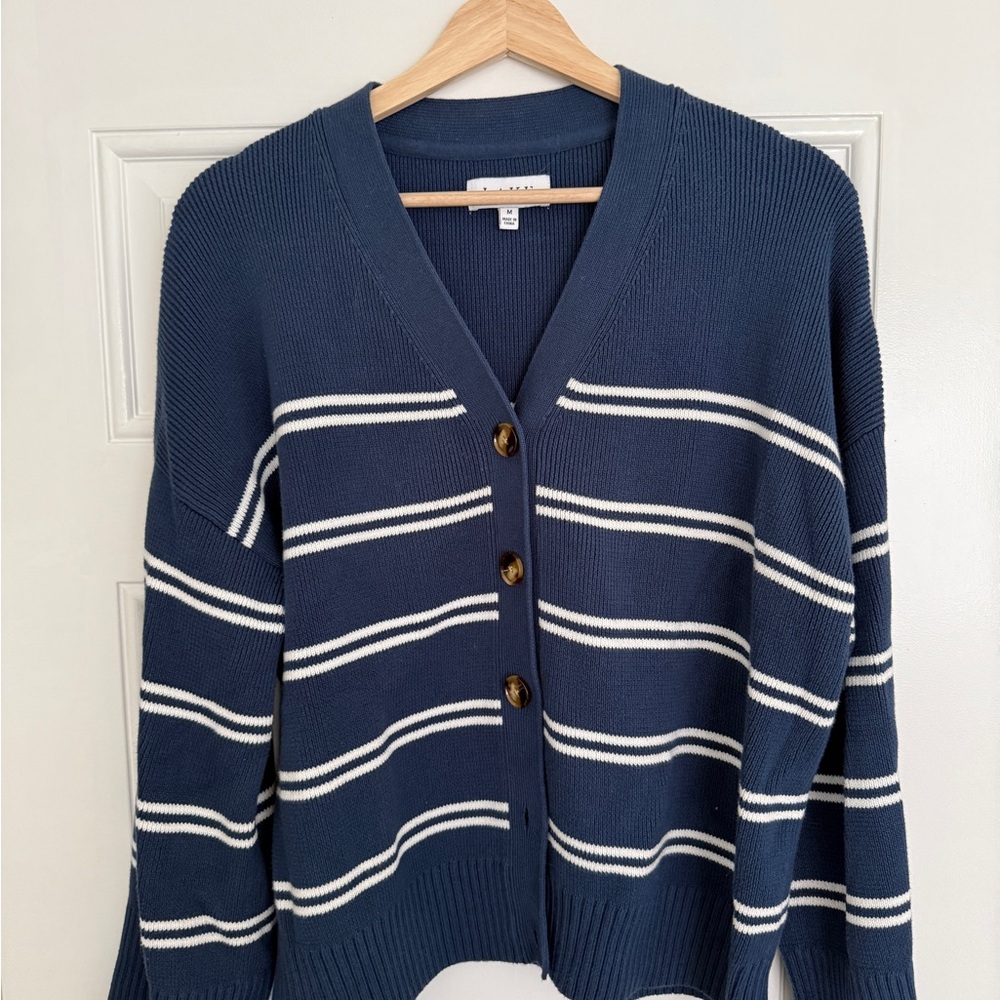 Lake Nora Cotton Cardigan in Navy Ivory Stripe